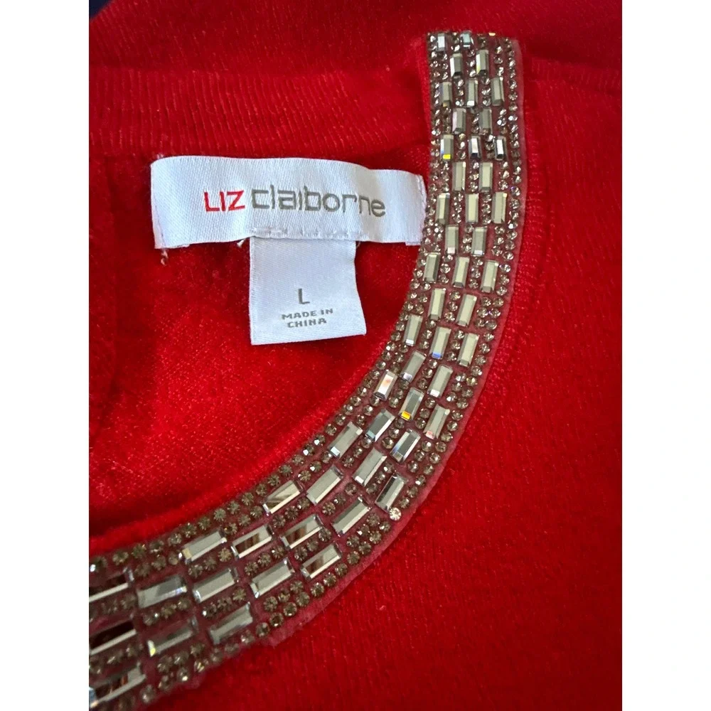 Liz Claiborne‎ Red Jeweled Neck 3/4 Sleeve Sweater Top Elegant Knit Size L NEW